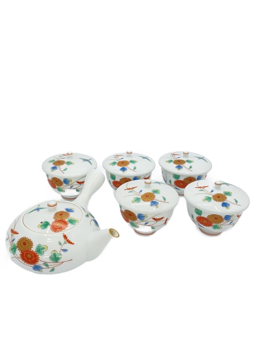 【中古】深川製磁◆急須/湯呑/6点セット/WHT/菊小鳥/茶器揃/箱無し//【キッチン用品】