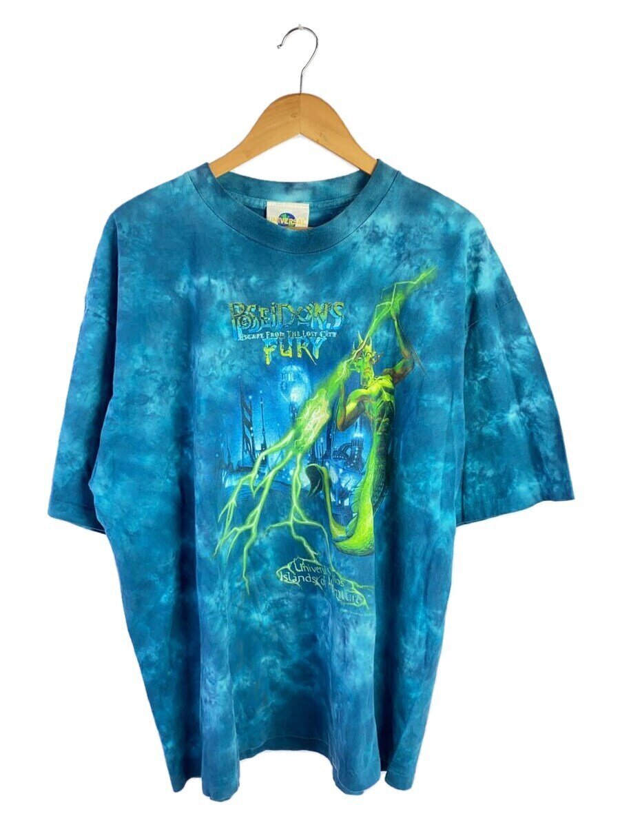 UNIVERSAL STUDIOS◆R/Tシャツ/XL/コットン/ブルー/90s/シングルステッチ/POSEIDONS FURY/タイダイ/USA製//
