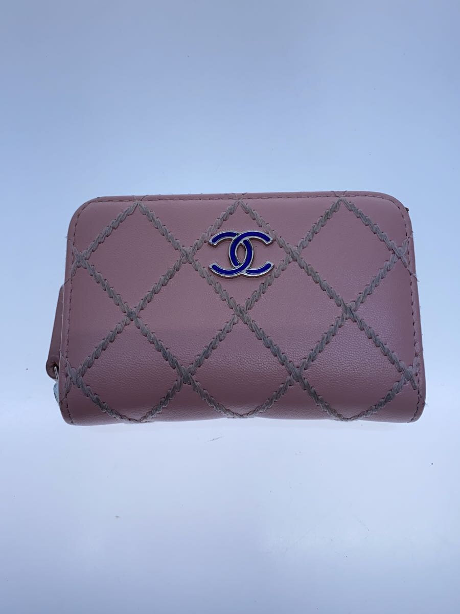 【中古】CHANEL◆ワイルドステッチコンパクトジップ/コインケース/レザー/PNK/レディース【服飾雑貨他】