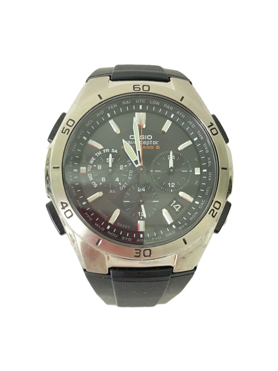 【中古】CASIO◆ソーラー腕時計・WAVECEPTOR/アナログ/ラバー/BLK/BLK【服飾雑貨他】