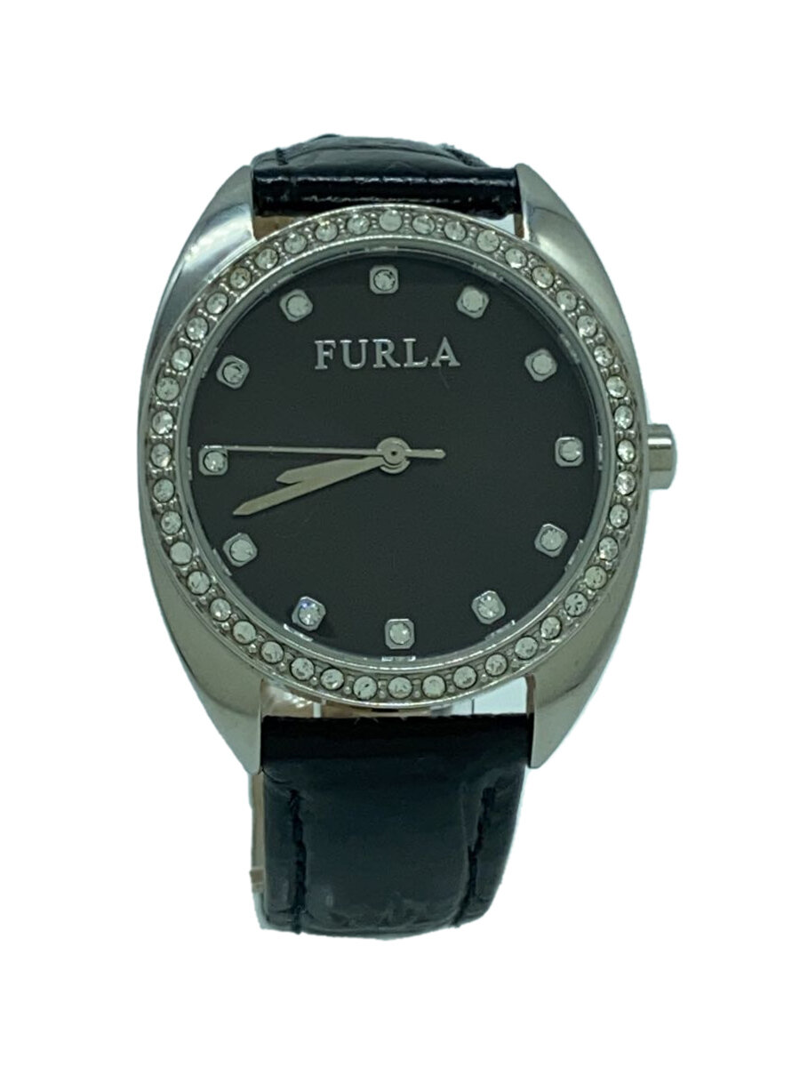 【中古】FURLA◆クォーツ腕時計/アナログ/レザー/BLK/ストーンベセル/石付き【服飾雑貨他】