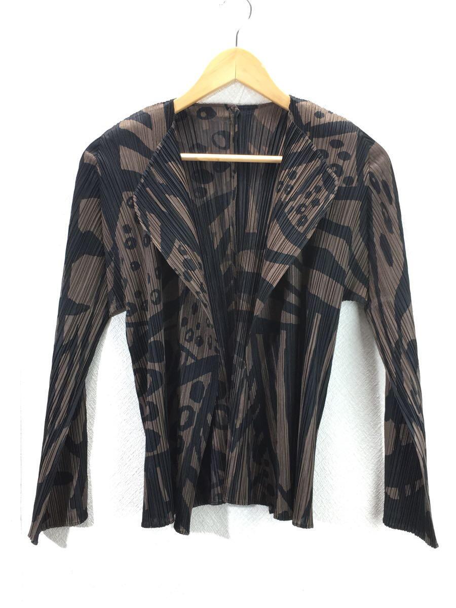 【中古】PLEATS PLEASE ISSEY MIYAKE◆カーディガン(薄手)/プリーツ/3/ポリエステル/BRW/総柄/PP33-JO743【レディースウェア】