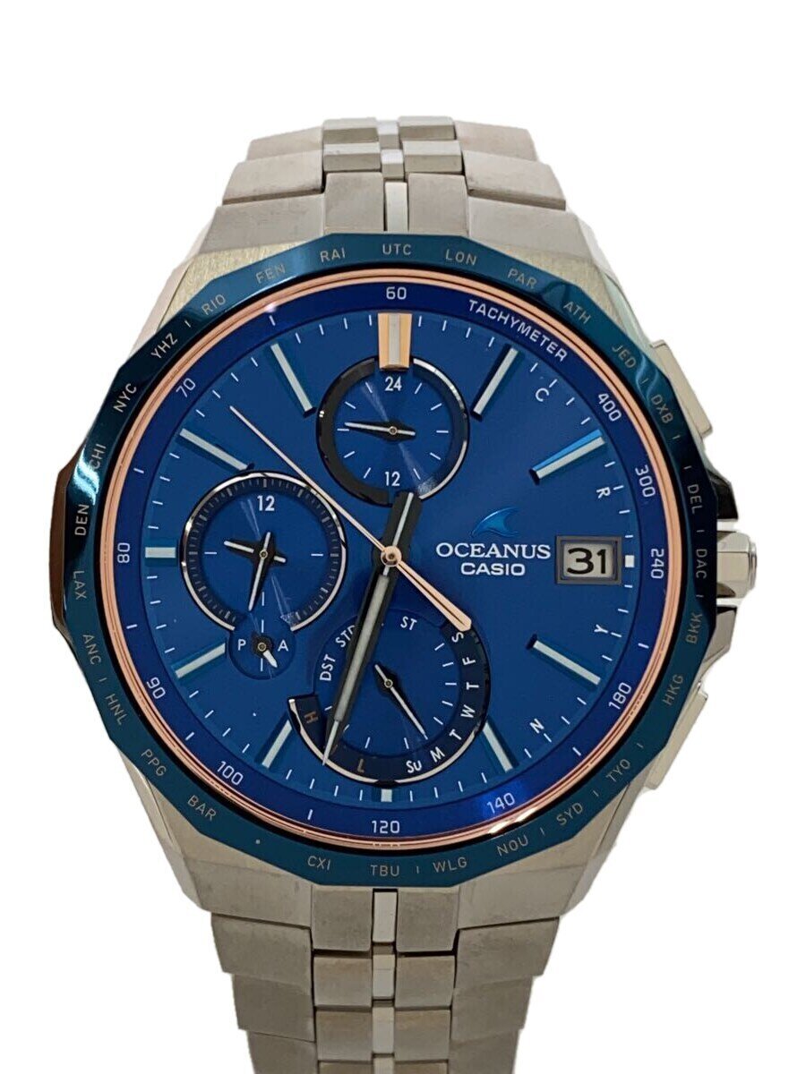 【中古】CASIO◆ソーラー腕時計_OCEANUS/アナログ/チタン/BLU/SLV【服飾雑貨他】