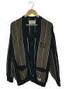 【中古】WACKO MARIA◆STRIPED KNIT JACQUARD CARDIGANカーディガン(薄手)/L/コットン/BLK/【メンズウェア】