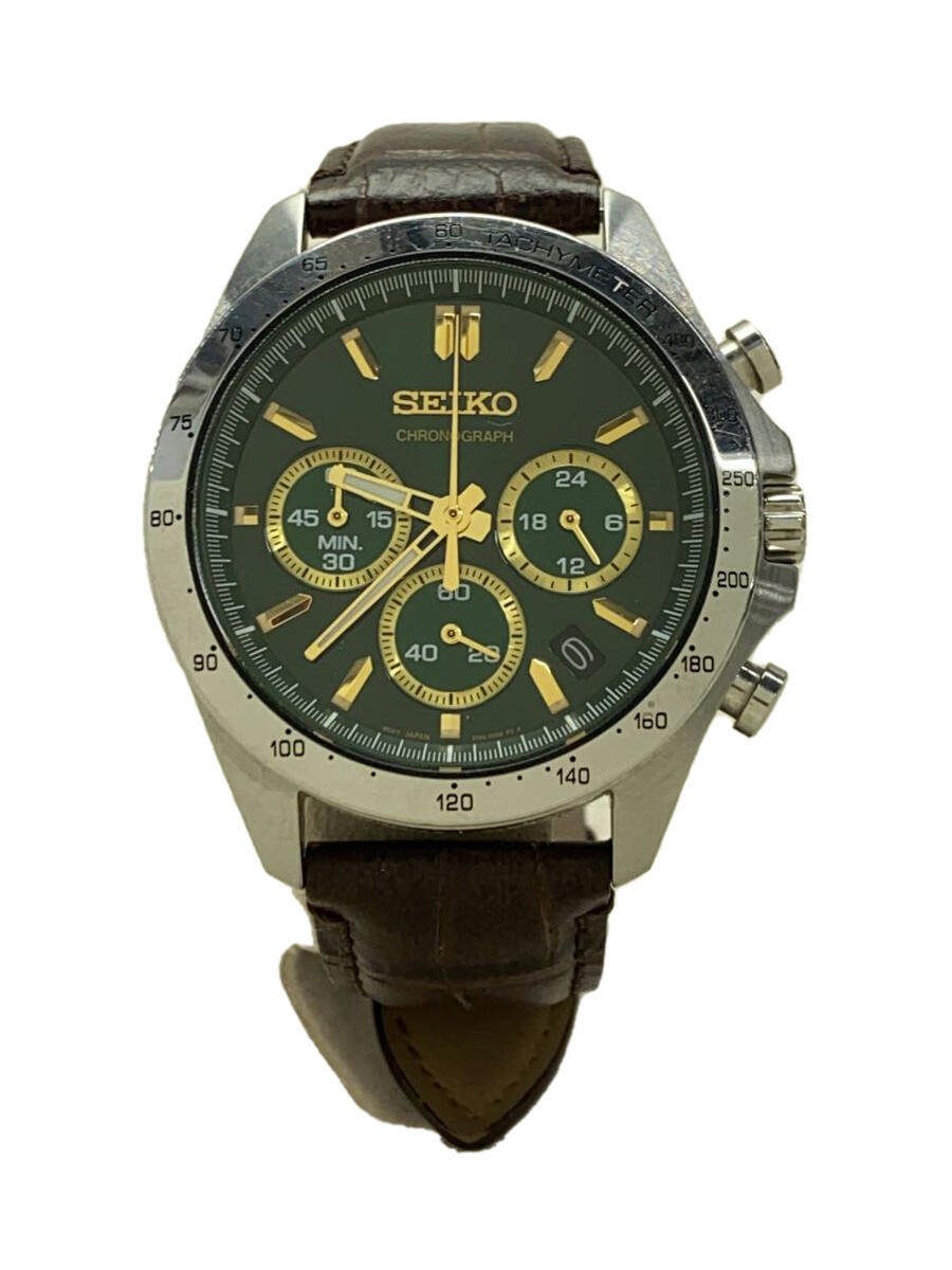 【中古】SEIKO◆クォーツ腕時計/アナログ/レザー/GRN/BRW/SS/8T63-00D0【服飾雑貨他】