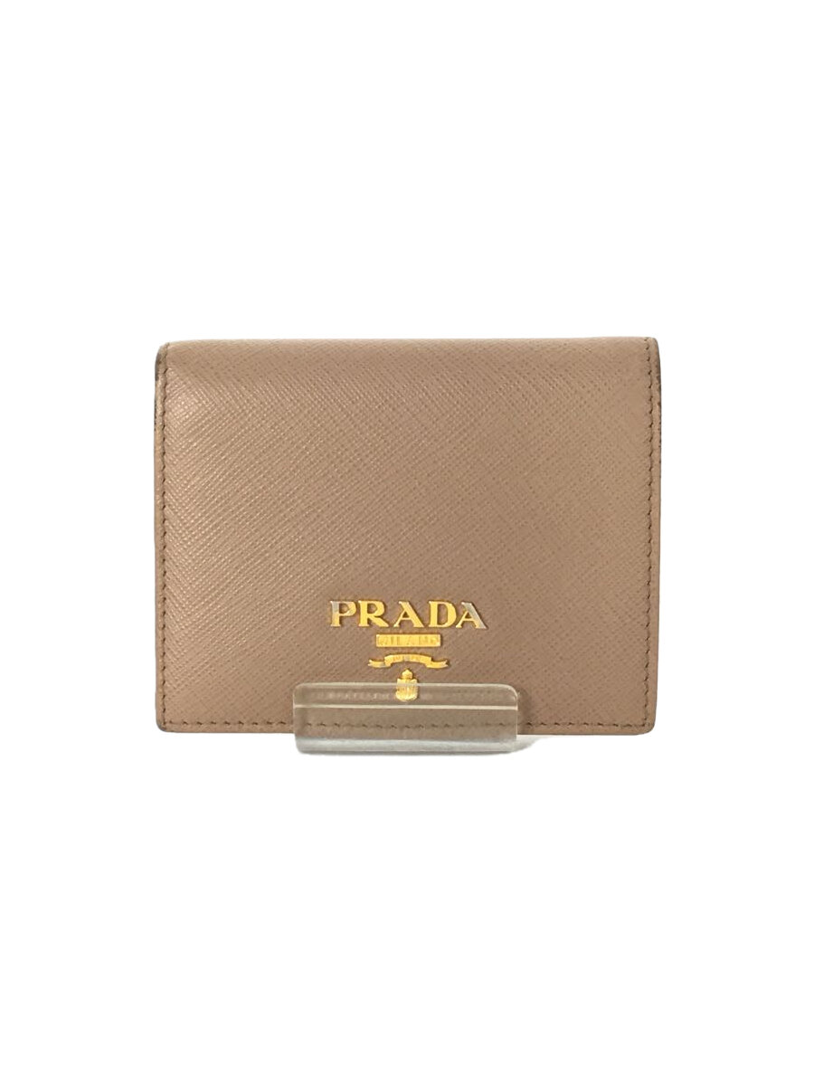 【中古】PRADA◆2ツ折サイフ/牛革/BEG/無地/レディース//【服飾雑貨他】