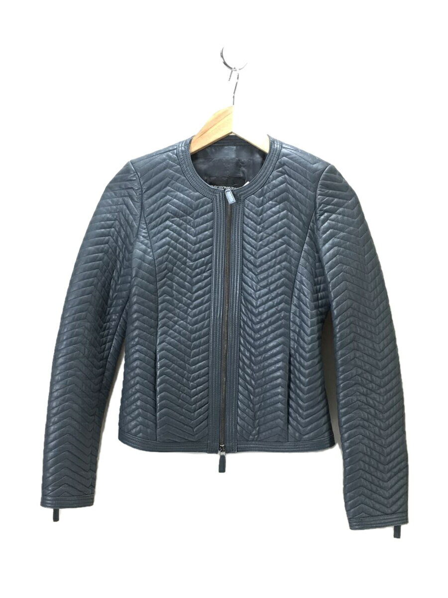 【中古】EMPORIO ARMANI◆シングルライダースジャケット/38/レザー/BLU/無地/袖口スレ有【レディースウェア】