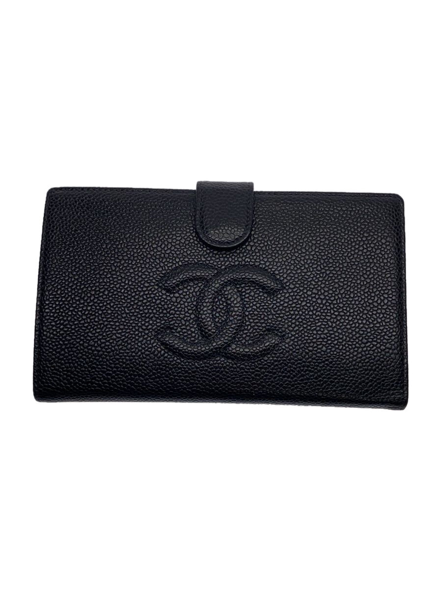 【中古】CHANEL◆長財布/レザー/BLK/無地/レディース【服飾雑貨他】