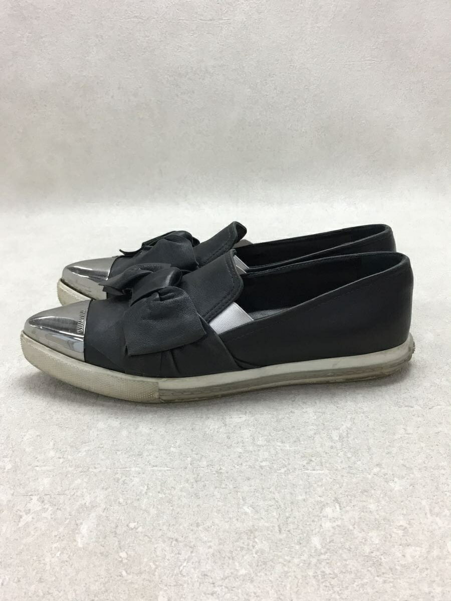 【中古】MIU MIU◆5S471B/ローカットスニーカー/37/ブラック/レザー/ポインテッドトゥスリッポン/シルバー/リボン【シューズ】