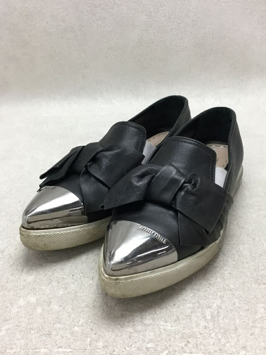 【中古】MIU MIU◆5S471B/ローカットスニーカー/37/ブラック/レザー/ポインテッドトゥスリッポン/シルバー/リボン【シューズ】