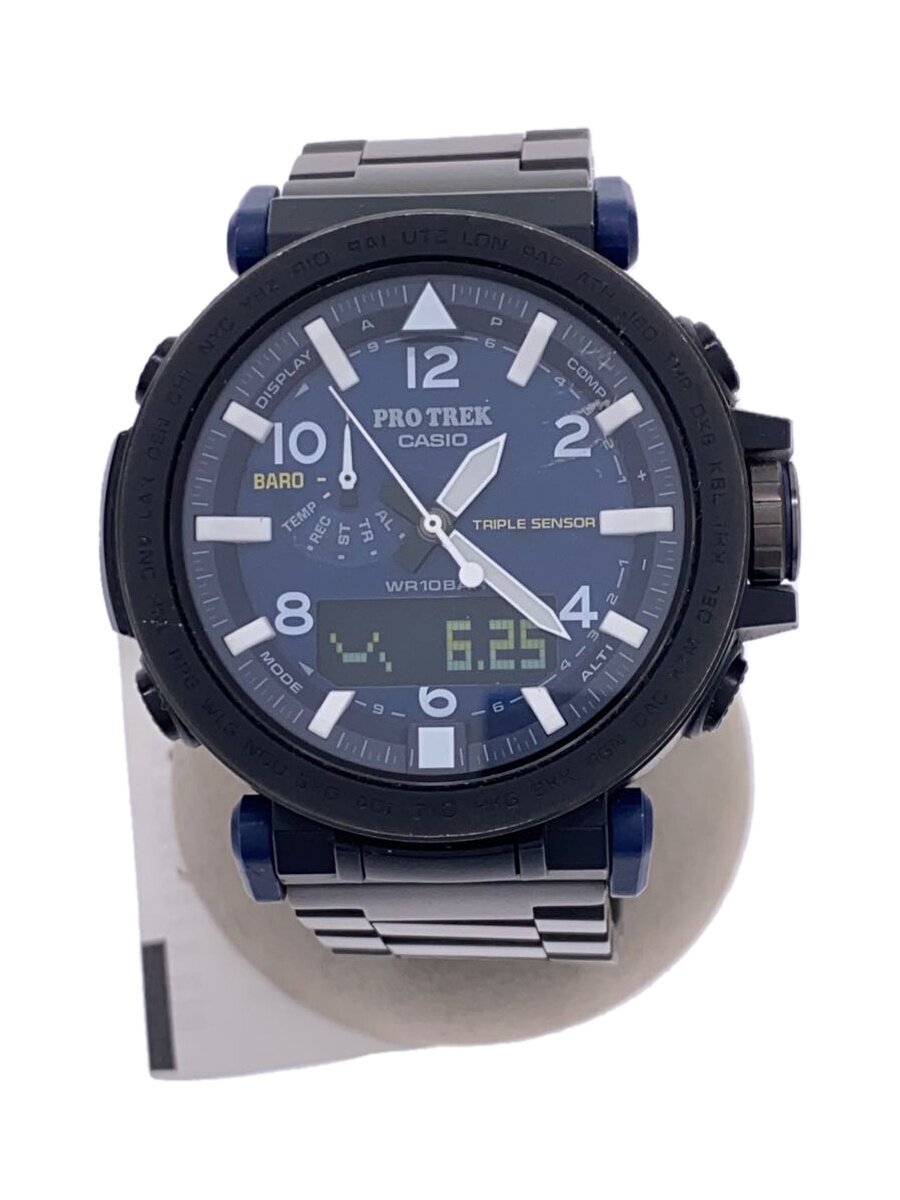 【中古】CASIO◆PRO TREK/ソーラー腕時計/デジアナ/ステンレス/NVY/BLK/PRG-650YL【服飾雑貨他】