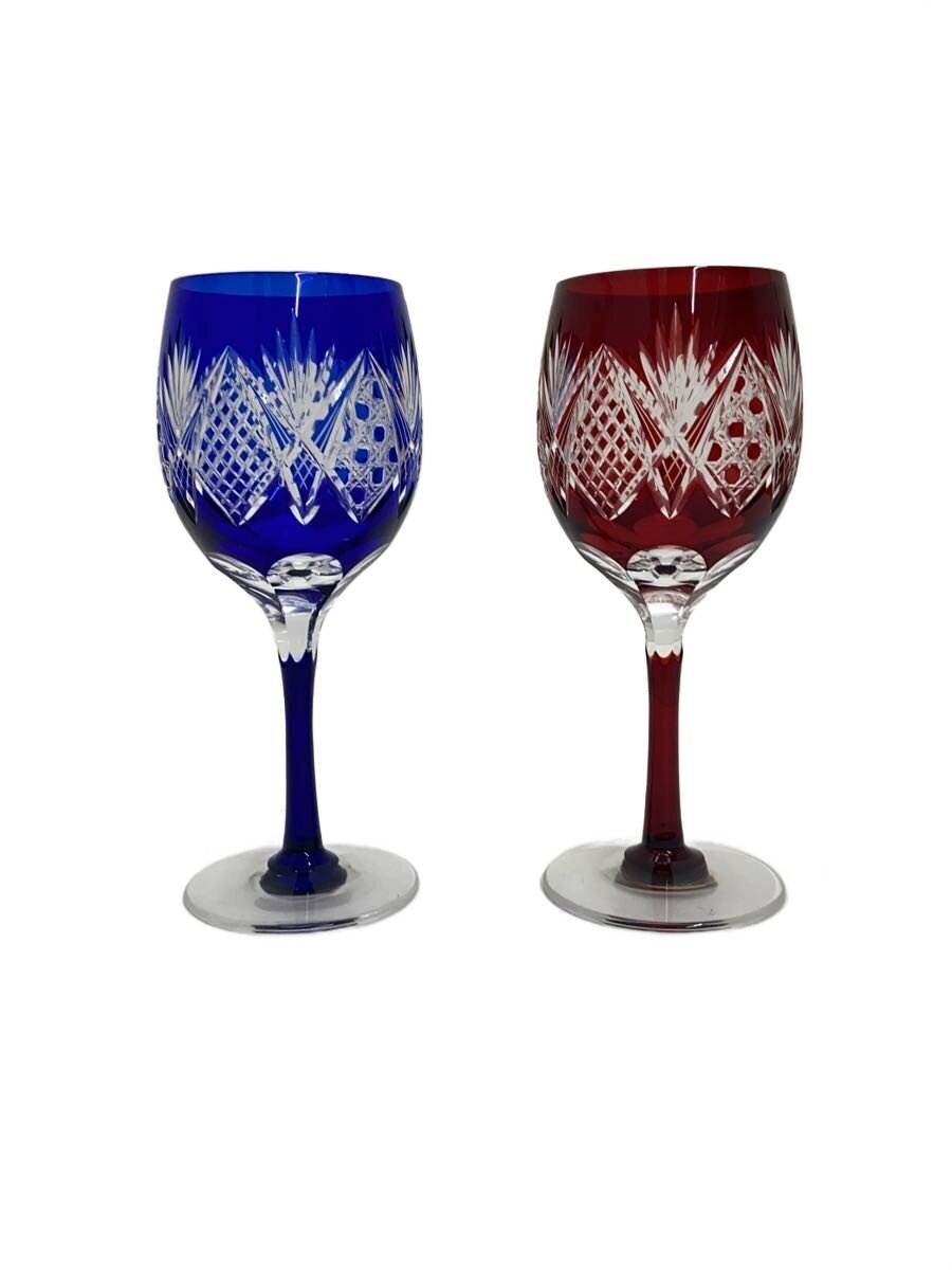 【中古】江戸切子◆ワイングラスペア/八角籠目/2点セット/BLU/RED/G98-33-2【キッチン用品】