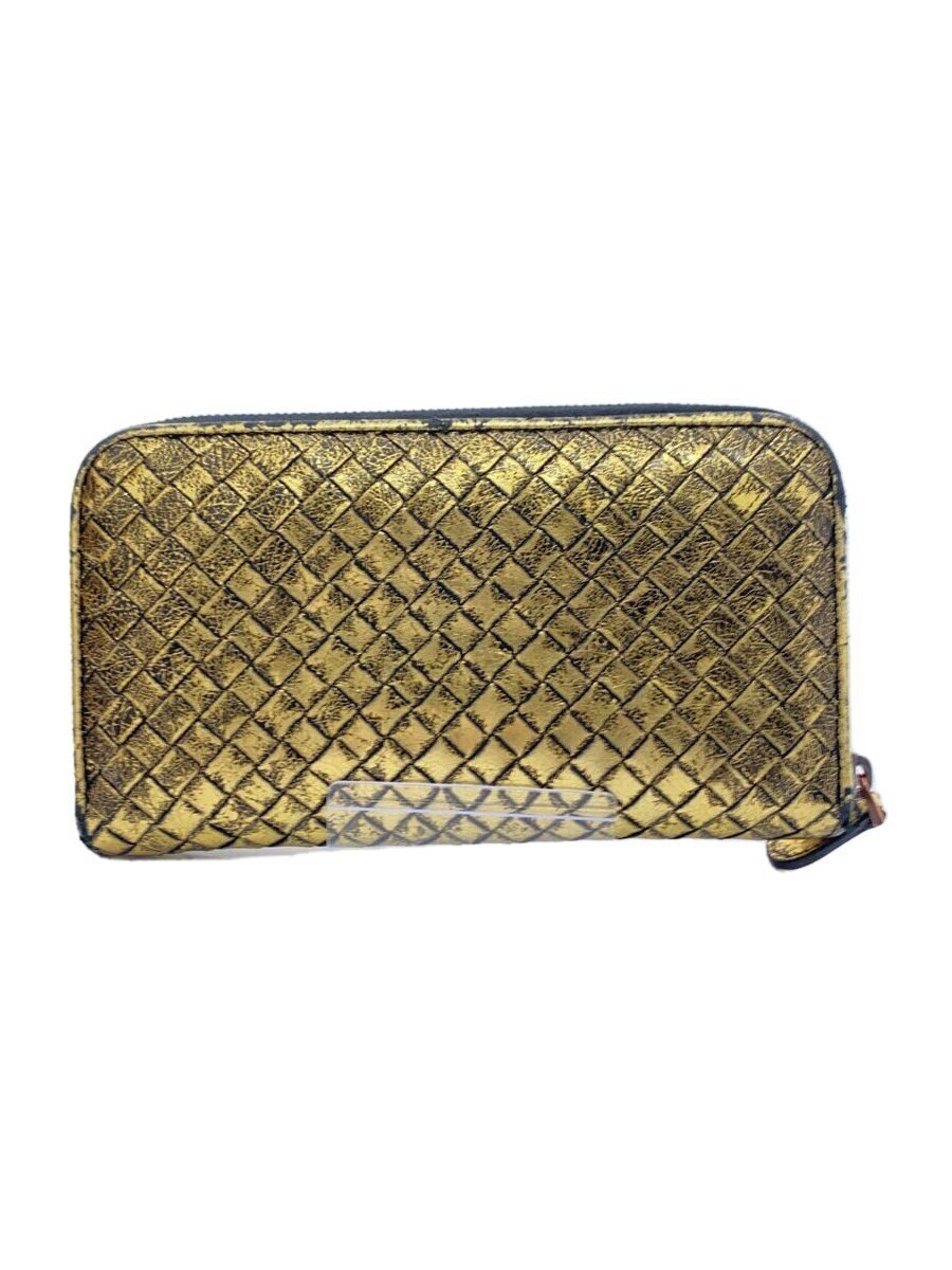 【中古】BOTTEGA VENETA◆長財布/レザー/ブラック×ゴールド/イントレチャート/ラウンドジップ/メンズ/箔加工【服飾雑貨他】