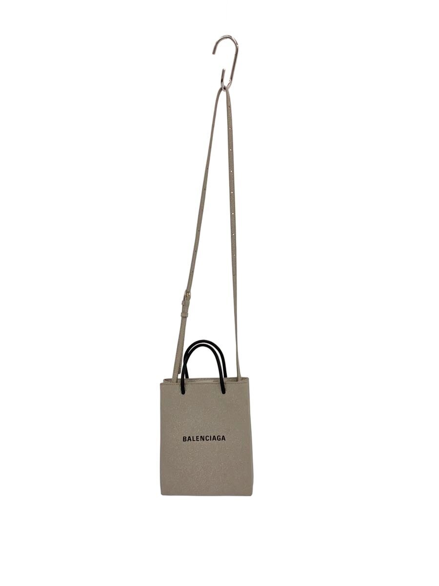【中古】BALENCIAGA◆shopping Phone Holder/ショルダーバッグ/レザー/WHT/無地/693806【バッグ】