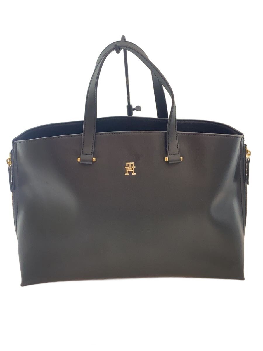 【中古】TOMMY HILFIGER◆モダンサイドファスナートート/トートバッグ/ハンドバッグ/フェイクレザー/ブラック/【バッグ】