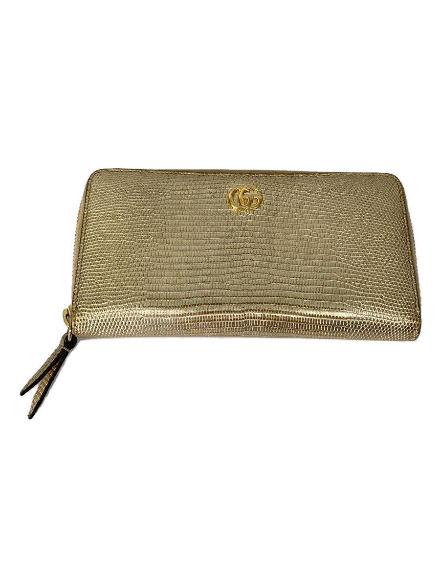 【中古】GUCCI◆ジップアラウンドウォレット_GGマーモント_リザード/レザー/GLD/レディース【服飾雑貨他】
