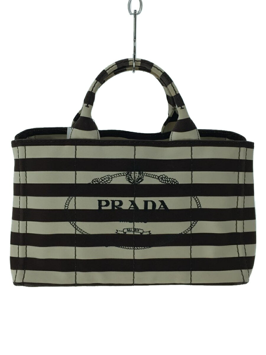 【中古】PRADA◆トートバッグ/キャンバス/BRW/ボーダー【バッグ】