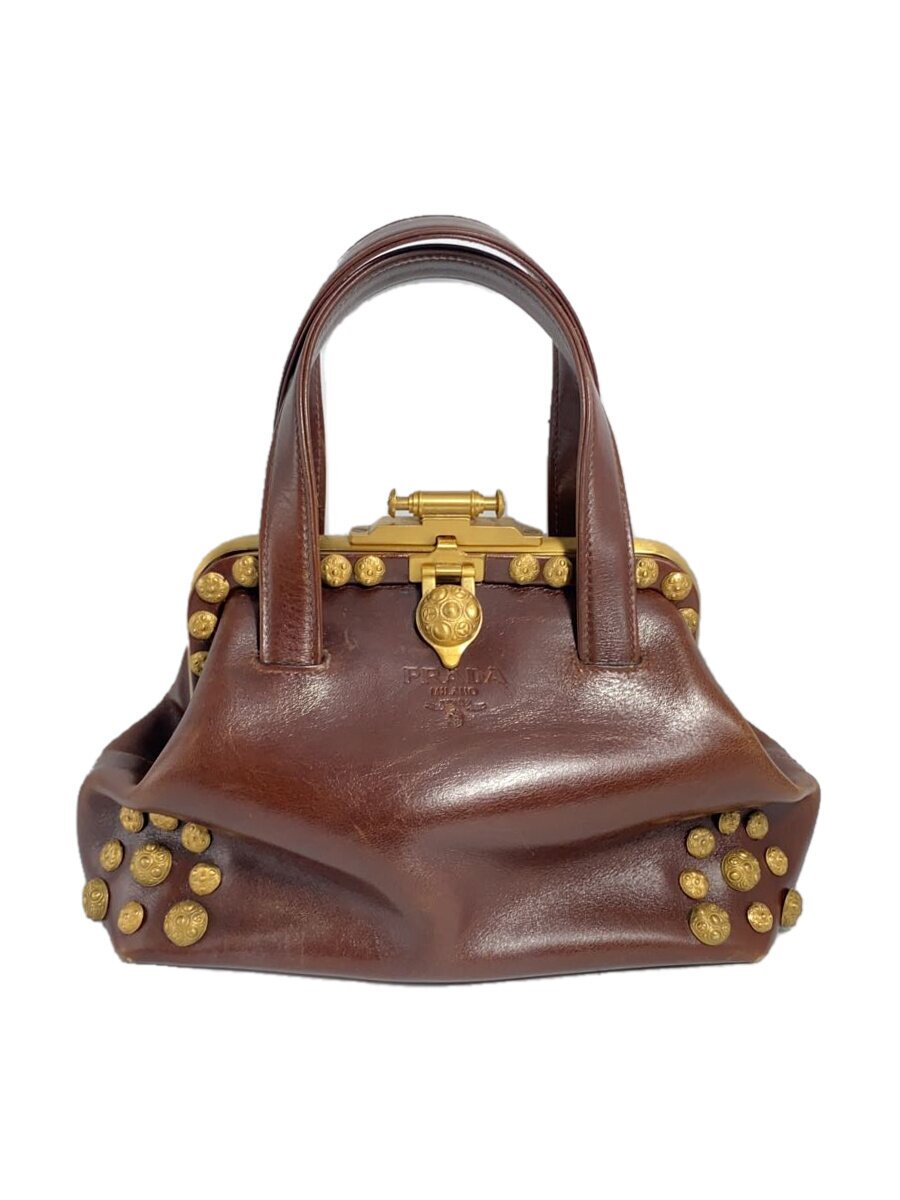 【中古】PRADA◆バッグ/レザー/BRW/無地/角スレ/がま口破損有【バッグ】