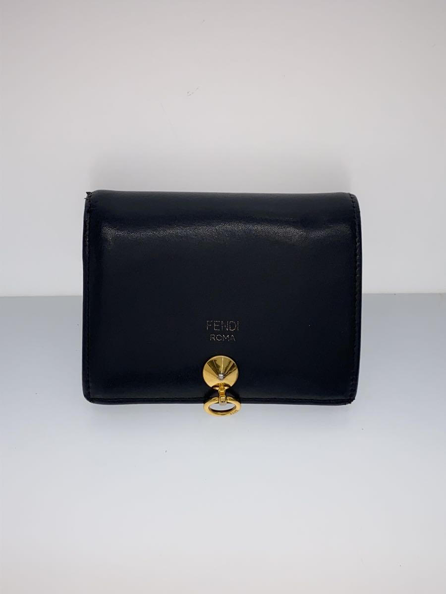 【中古】FENDI◆2つ折り財布/レザー/BLK/無地/レディース【服飾雑貨他】