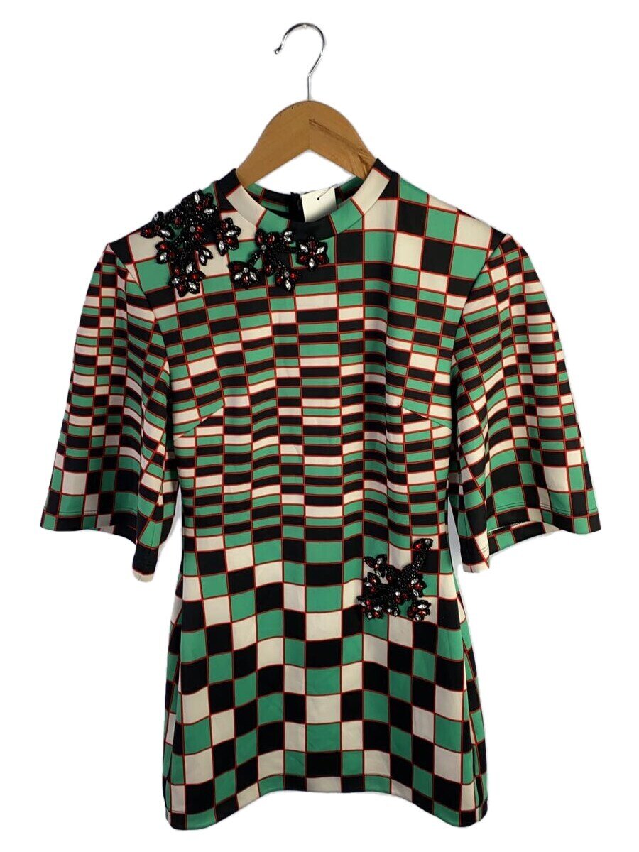 Christopher Kane◆ビーズ装飾ブロックチェックS/Sワンピース/XS/ポリエステル/GRN/総柄//