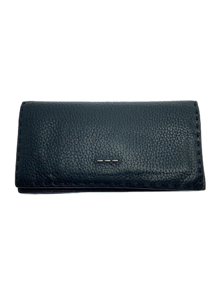 【中古】FENDI◆長財布/レザー/ブラック/フラップ/シボ革/ロングウォレット【服飾雑貨他】