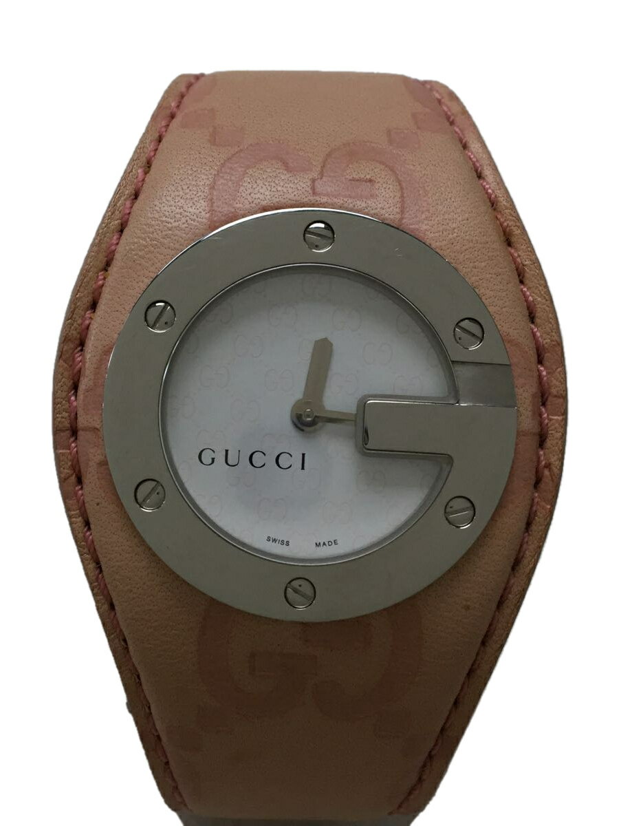 【中古】GUCCI◆104/SWISS MADE/Gバンデュー/クォーツ腕時計/アナログ/レザー/WHT/PNK/中古【服飾雑貨他】