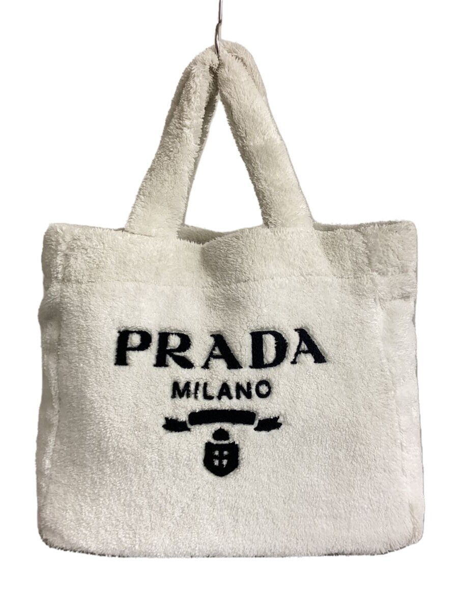 【中古】PRADA◆トートバッグ/--/WHT/レタリングテリートート/ボア//【バッグ】