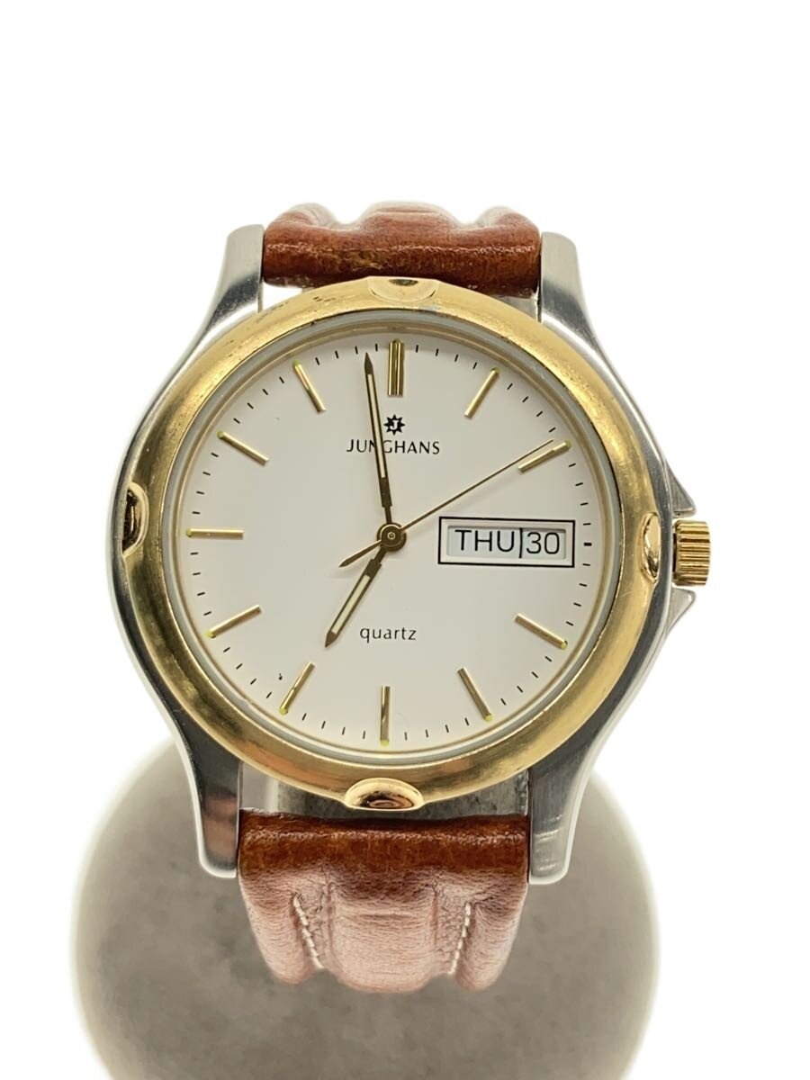 【中古】JUNGHANS◆クォーツ腕時計/アナログ/レザー/WHT/BRW/41/4002【服飾雑貨他】