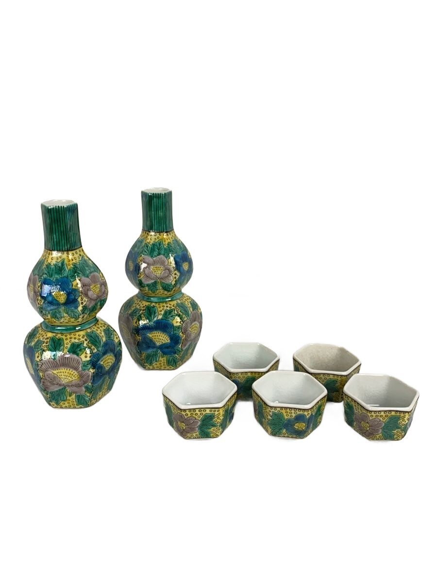 【中古】九谷焼◆徳利2点 お猪口5点/7点セット/グリーン/九谷焼/瓢箪/青峰/花柄【キッチン用品】