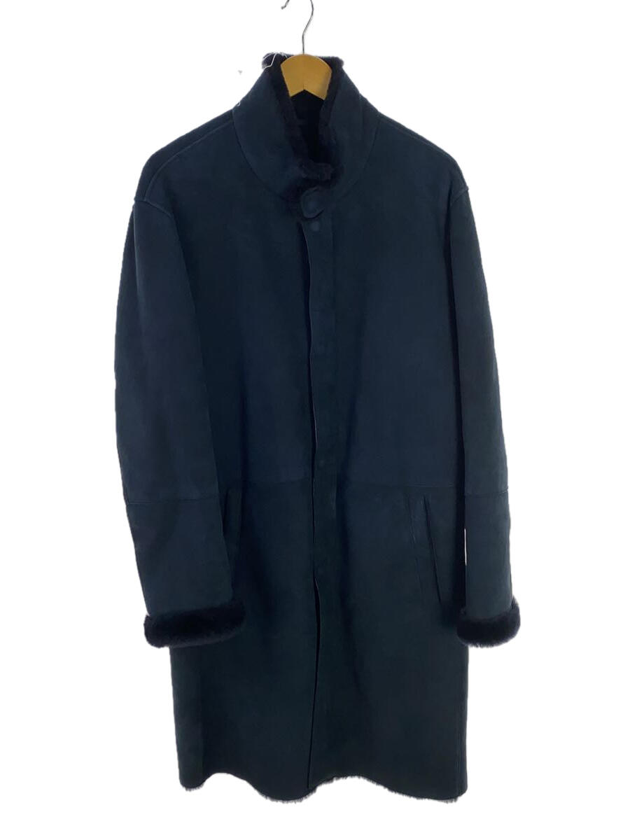 【中古】EMPORIO ARMANI◆ロングムートンコート/1/羊革/NVY/無地【メンズウェア】