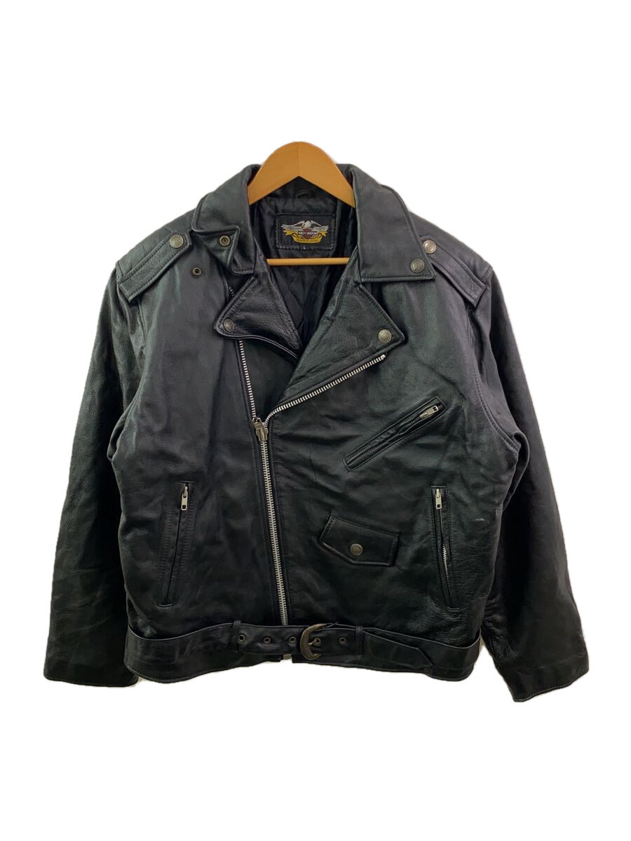 【中古】HARLEY DAVIDSON◆ダブルライダースジャケット/L/レザー/BLK/襟キズ・ヨゴレ有【メンズウェア】