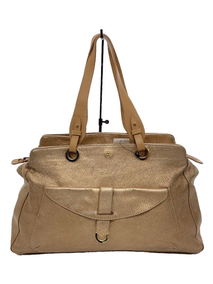 【中古】AIGNER◆バッグ/レザー/GLD/無地【バッグ】