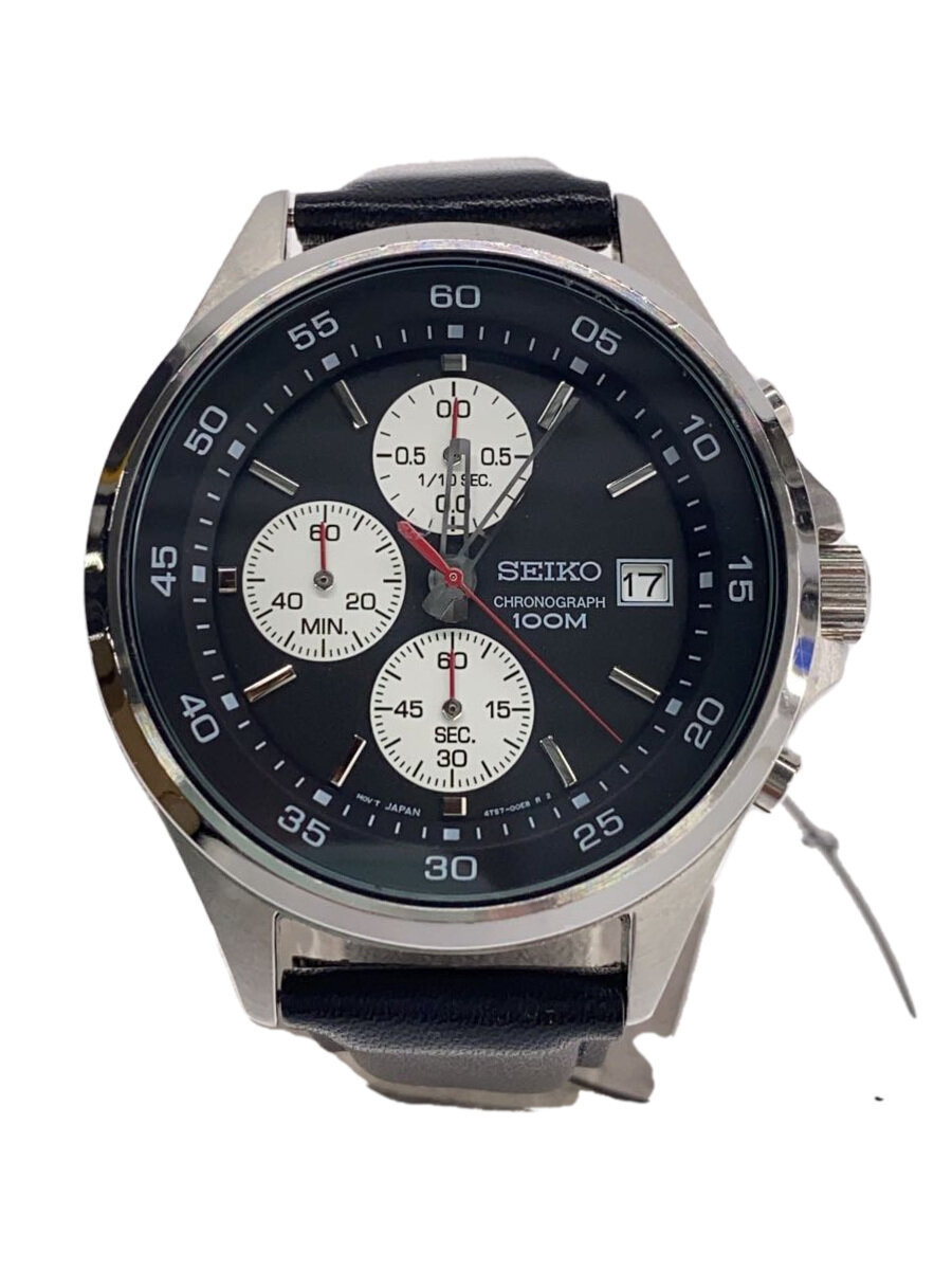 【中古】SEIKO◆クロノグラフ腕時計/アナログ/レザー/ブラック/4T57-00E0【服飾雑貨他】