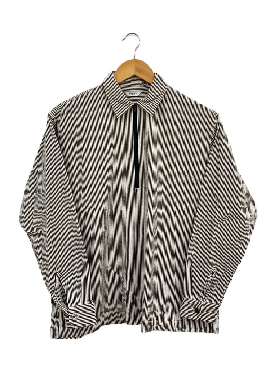【中古】FUJITO◆ハーフジップシャツ/1/コットン/ホワイト×ブラック/ストライプ/ほつれ有【メンズウェア】