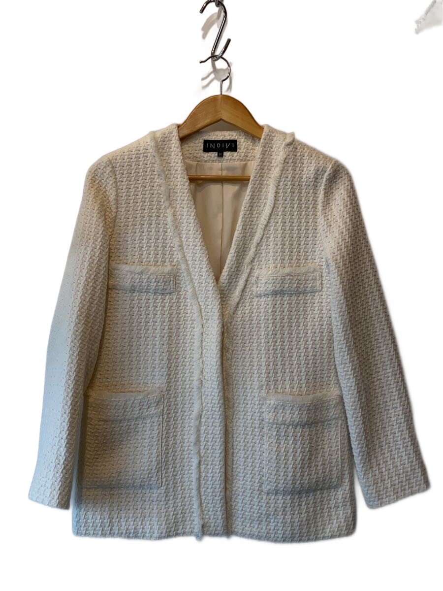【中古】INDIVI◆ツイードノーカラージャケット/36/ツイード/WHT/127-45006//【レディースウェア】