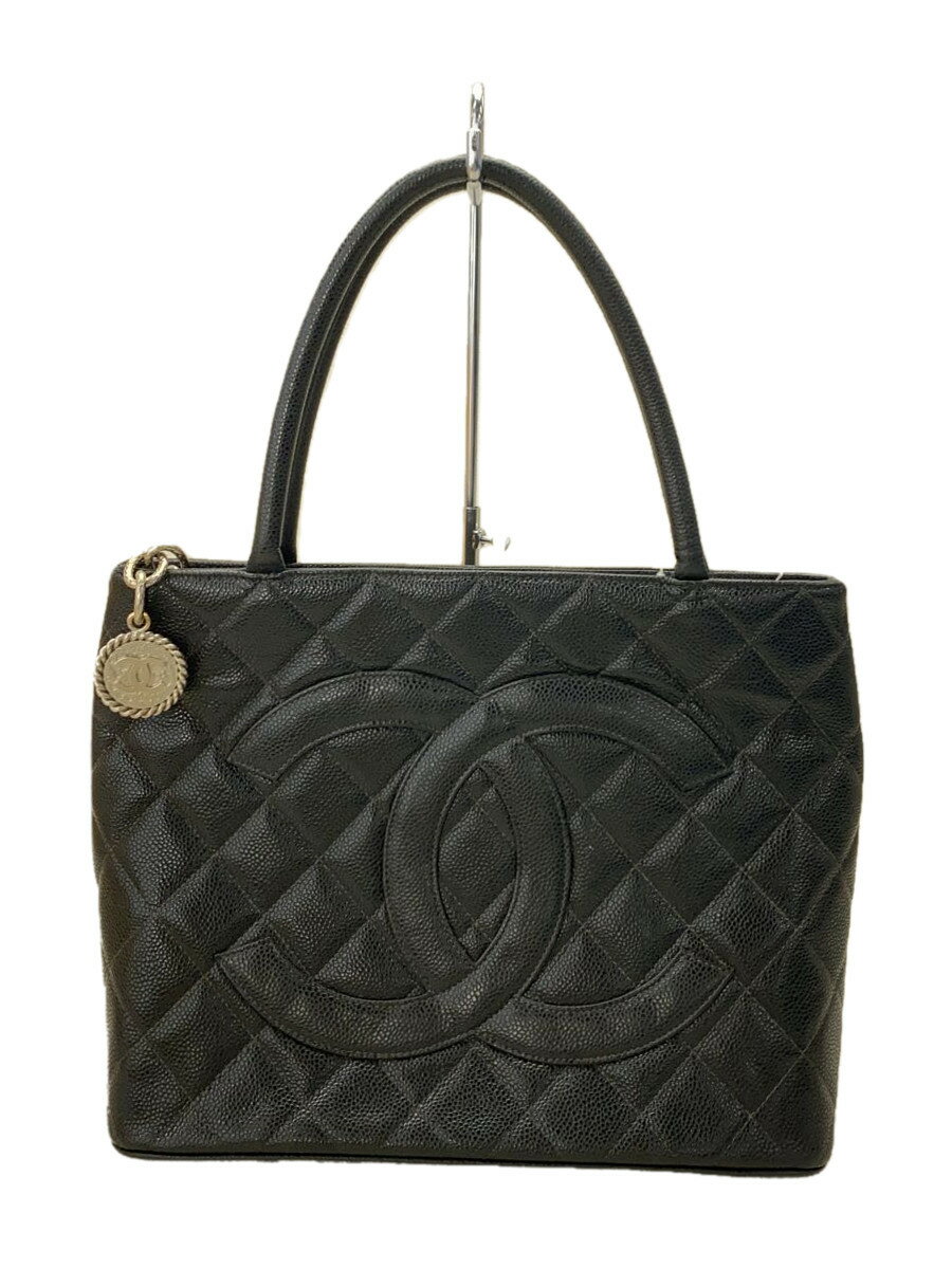 【中古】CHANEL◆ハンドバッグ/レザー/BLK/無地/ハンドル自立せず【バッグ】