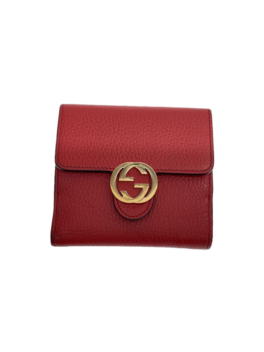 【中古】GUCCI◆2つ折り財布/レザー/RED/無地/レディース【服飾雑貨他】