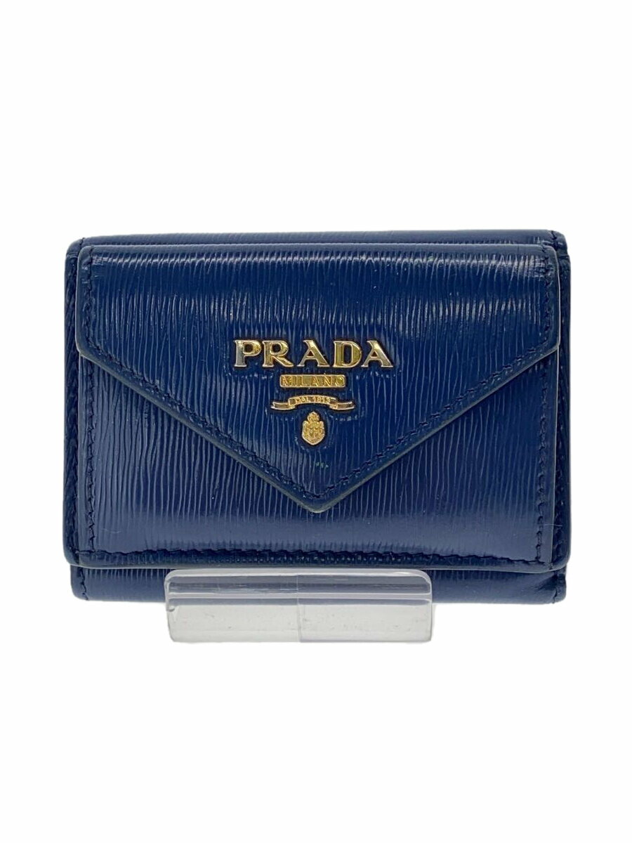【中古】PRADA◆3つ折り財布/レザー/BLU/無地/レディース【服飾雑貨他】