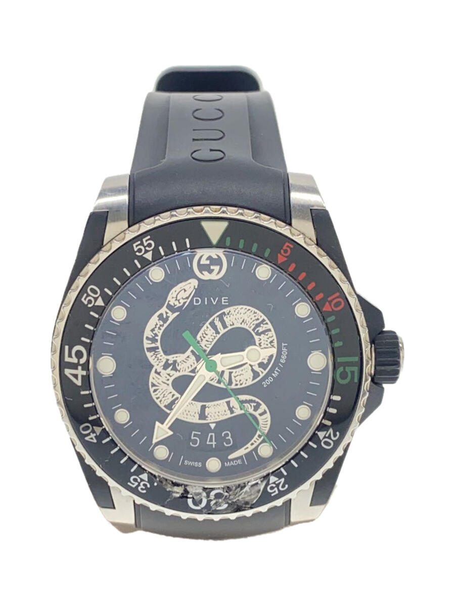 【中古】GUCCI◆ダイブスネークダイバーズ/クォーツ腕時計/アナログ/ラバー/BLK/BLK/YA136323【服飾雑貨他】