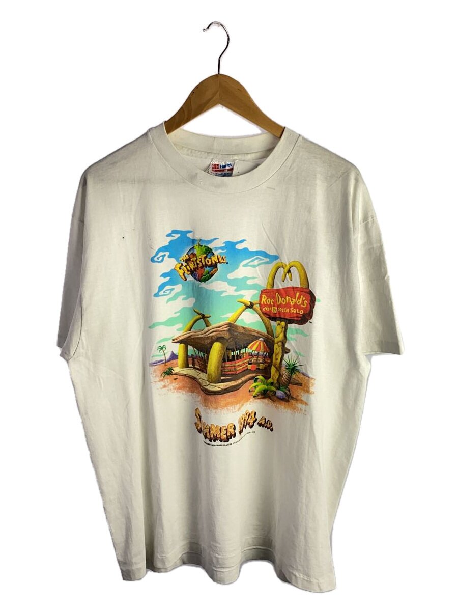 Hanes◆Tシャツ/XL/ホワイト/90s/アメリカ製/McDonalds The Flinstones/黄ばみ有