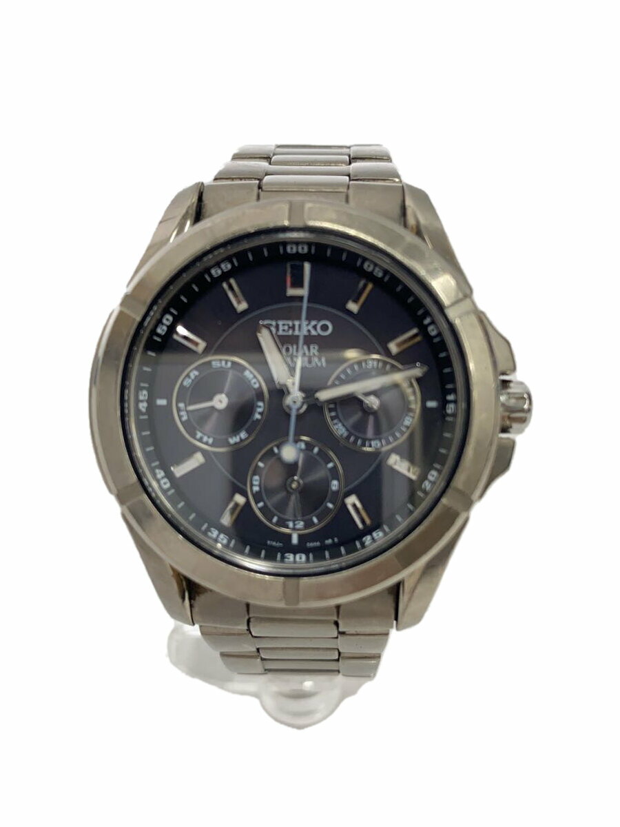 【中古】SEIKO◆ソーラー腕時計/アナログ/ステンレス/BLK/SLV/V14J-0AE0【服飾雑貨他】