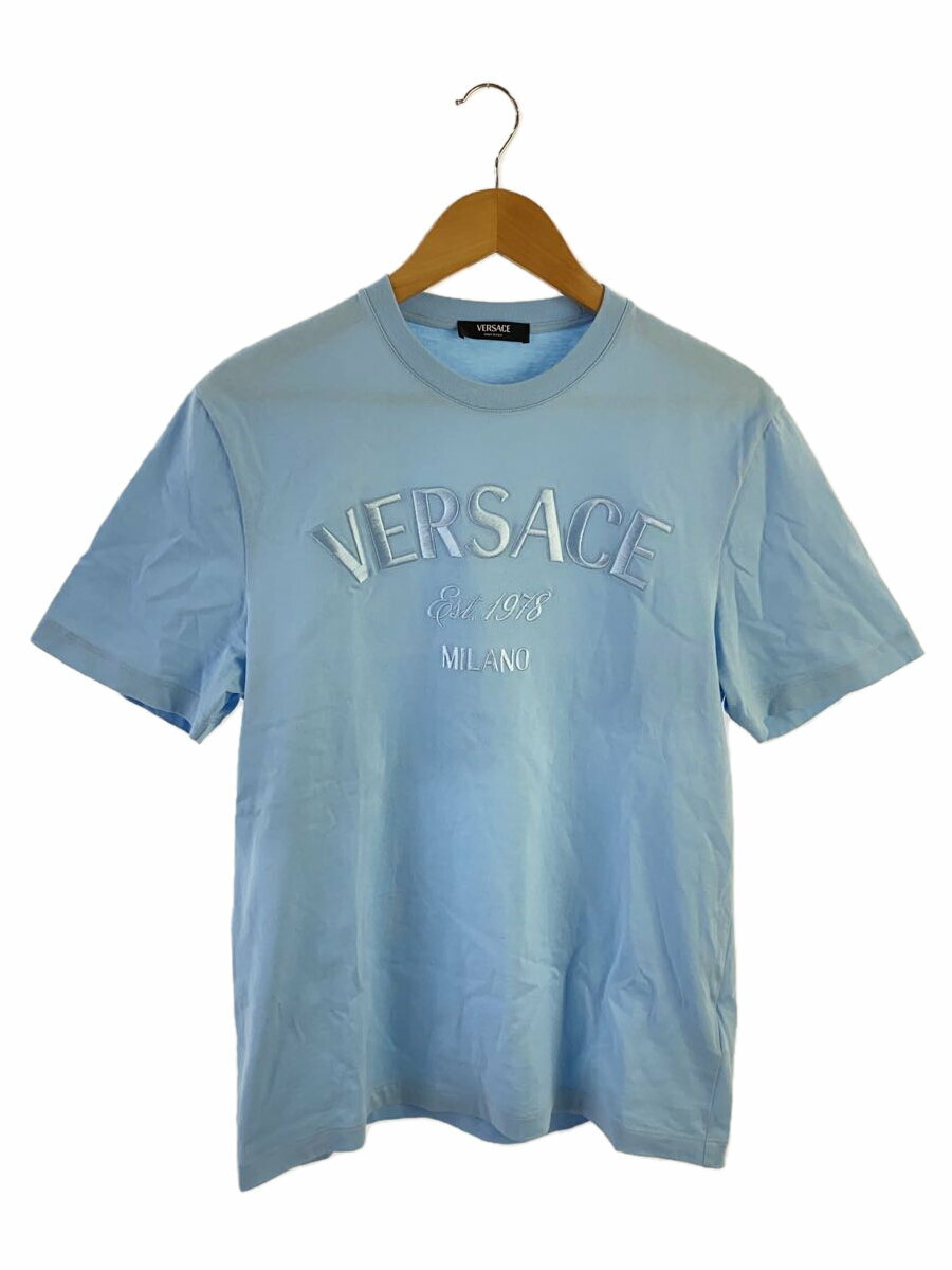 【中古】VERSACE◆ミラノスタンプTシャツ/ロゴ刺繍Tee/XS/コットン/ライトブルー/101