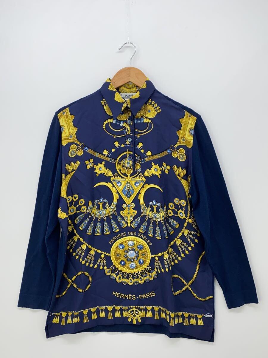 【中古】HERMES◆長袖シャツ/M/シルク/NVY/総柄【レディースウェア】