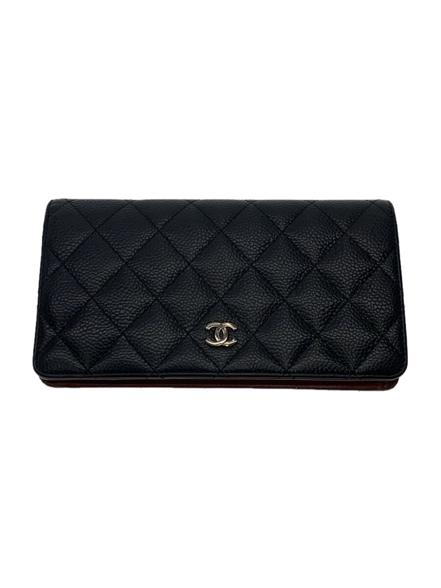 【中古】CHANEL◆長サイフ_マトラッセ_キャビアスキン_フラップ_CRM/牛革/BLK/レディース【服飾雑貨他】
