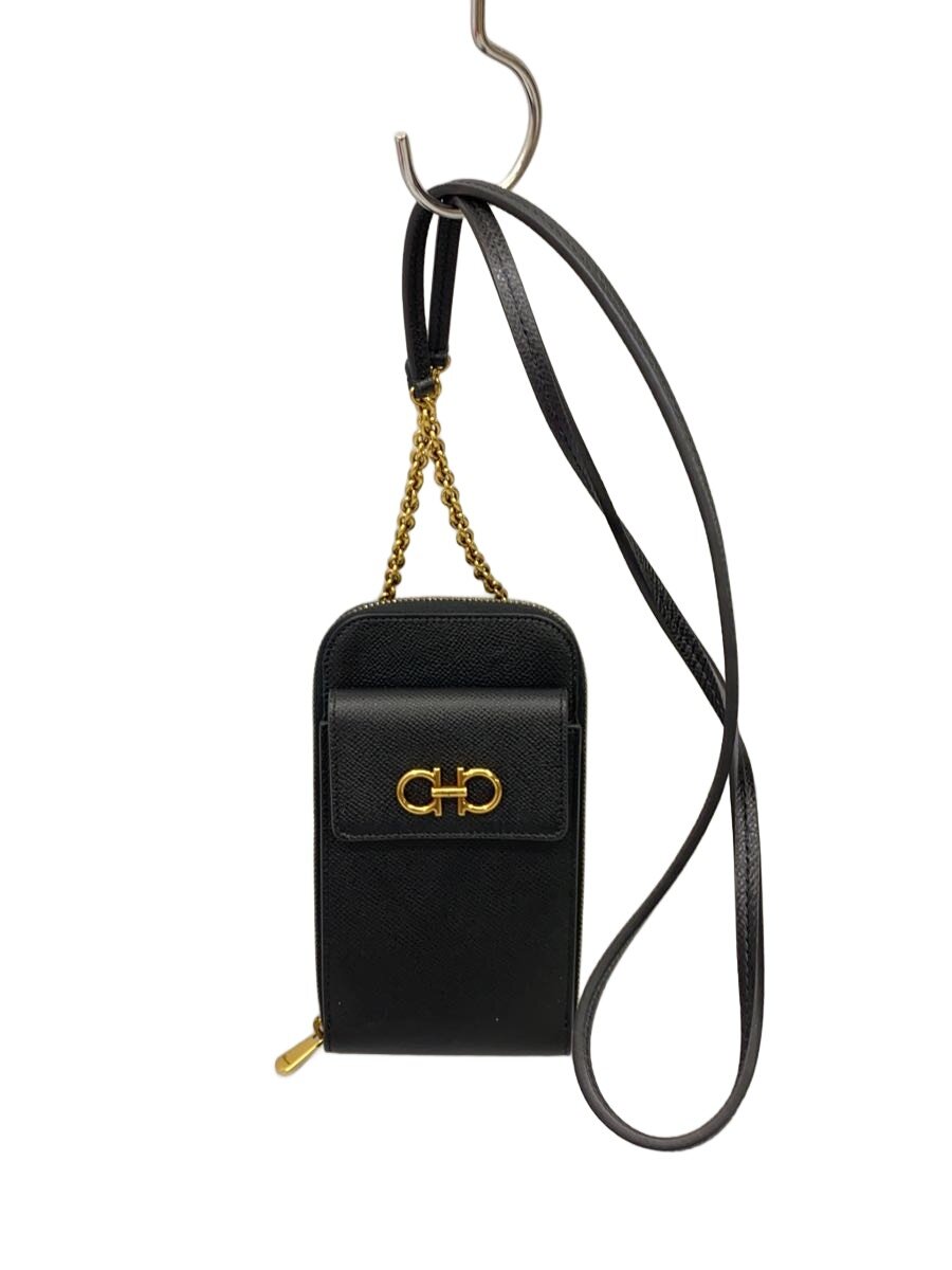 【中古】Salvatore Ferragamo◆GANCINI/PHONE CASE/LANGUR/ポシェット/レザー/BLK/220375【バッグ】