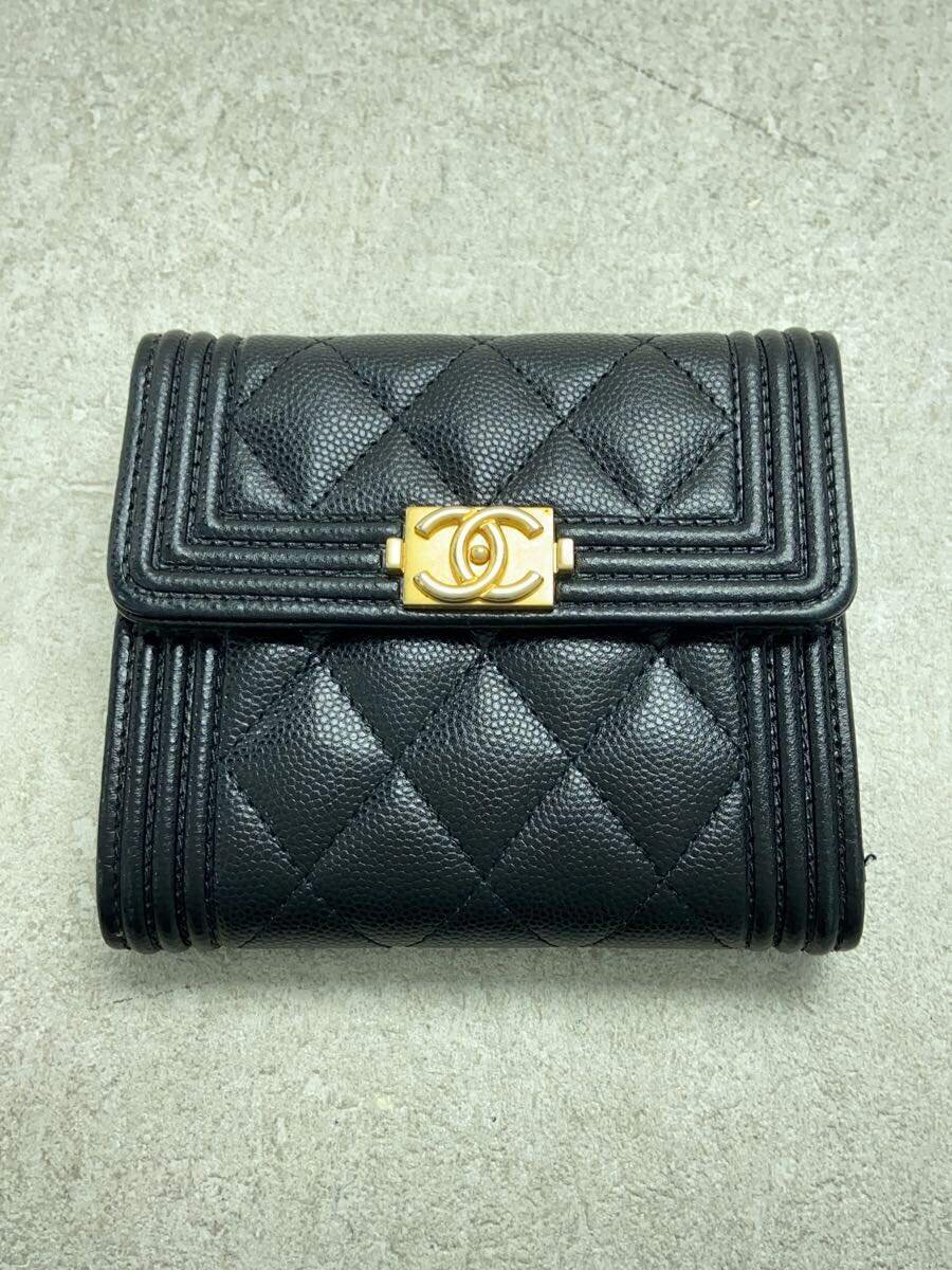 【中古】CHANEL◆キャビスキン/ボーイ/コンパクト/3つ折り財布/レザー/BLK/メンズ//【服飾雑貨他】