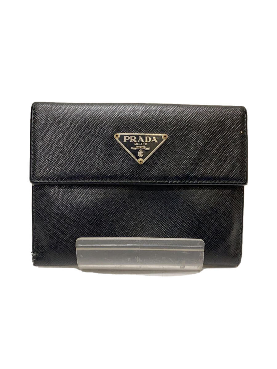 【中古】PRADA◆2つ折り財布/レザー/ブラック/無地/メンズ/プラダ