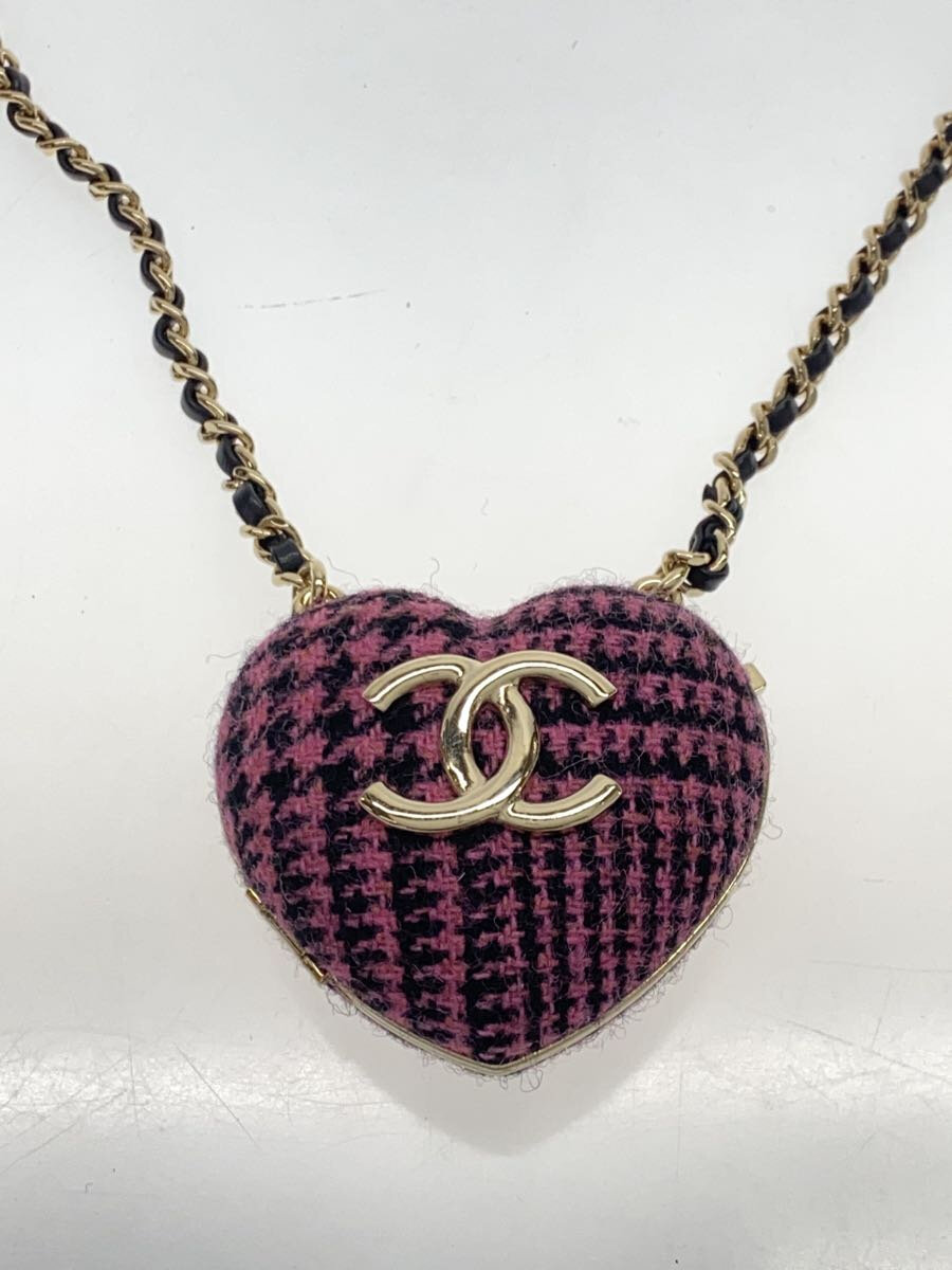 【中古】CHANEL◆ツイード/ハートネックレス/ネックレス/ピンク【服飾雑貨他】