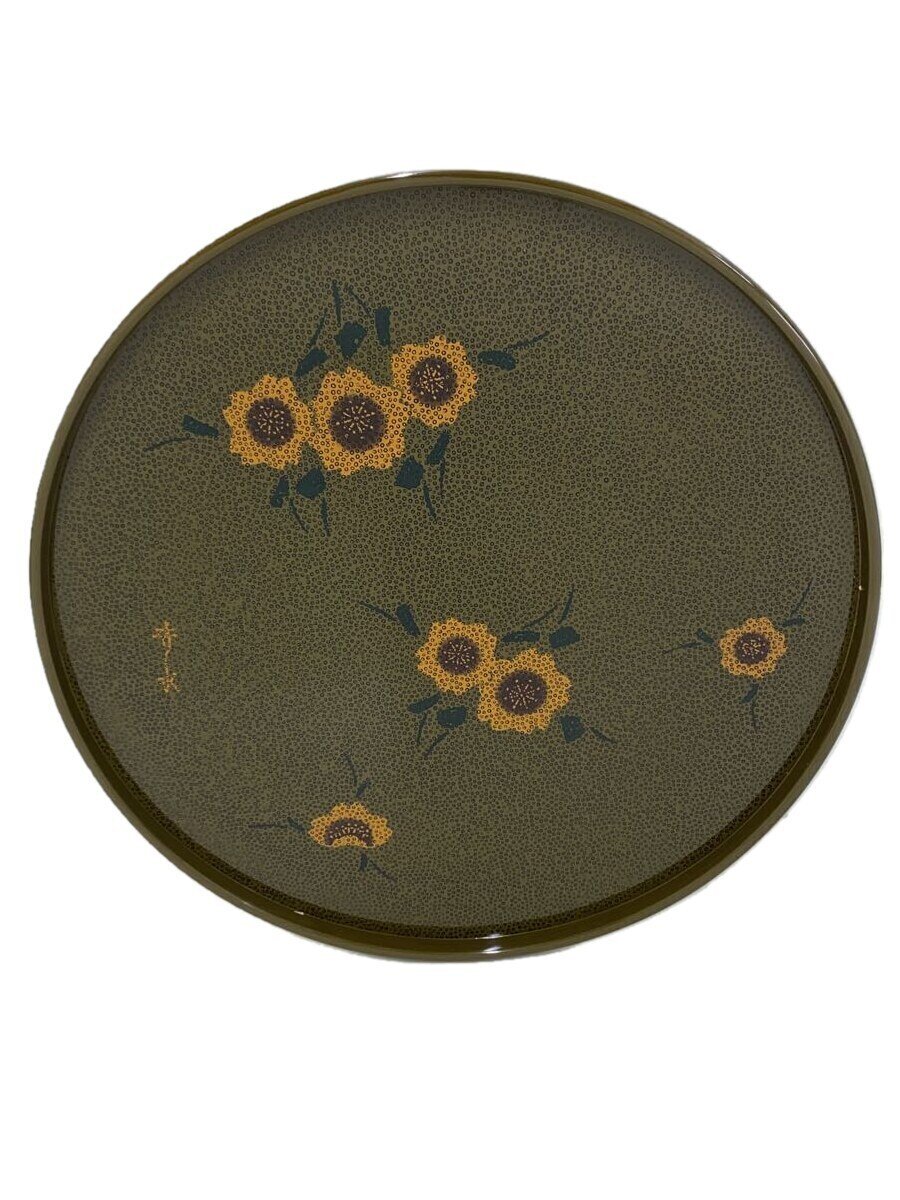 【中古】津軽塗◆七々子塗/胴張丸盆/グリーン/カーキ【キッチン用品】