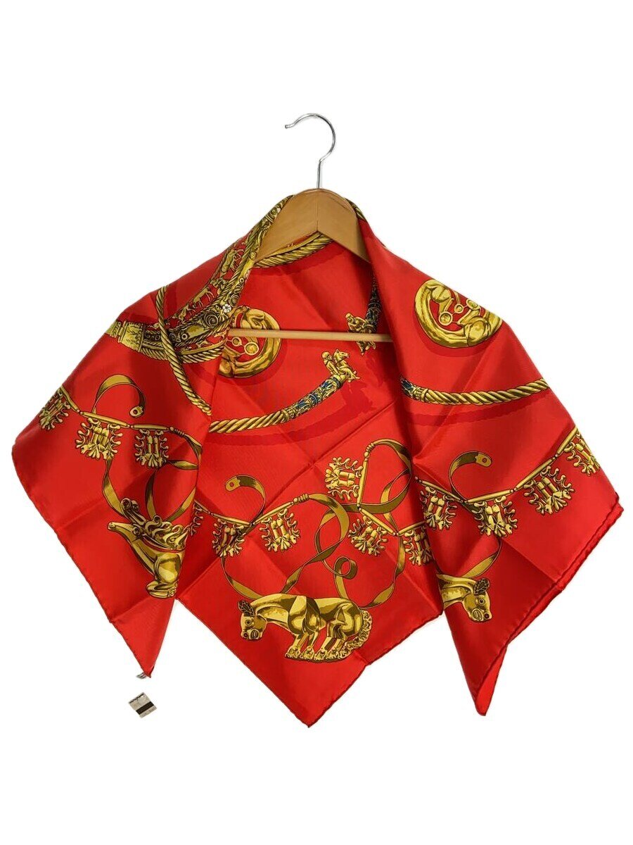 【中古】HERMES◆スカーフ/シルク/RED/レディース/カレ90/黄金の騎士【服飾雑貨他】